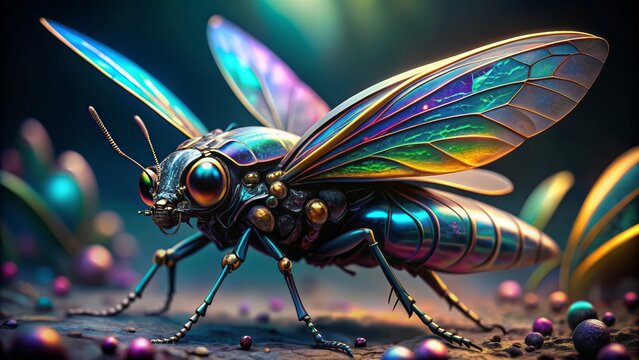 Macro shot of a futuristic robotic insect with iridescent wings and mechanical legs, blending nature and technology in a biologically inspired design.