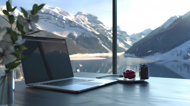 Laptop on a desk by a window, with a stunning view of a serene lake and snow-capped mountains in winter.
 Seamless looping 4k time-lapse virtual video animation Generated AI