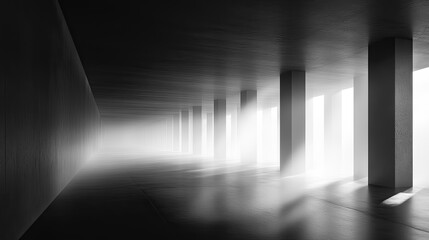A Foggy Corridor With Concrete Pillars