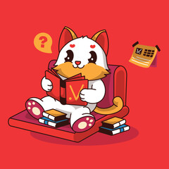 cute cat chibi reading a book