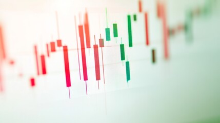 A close-up of a financial chart with red and green candlesticks representing stock market movements, displayed on a bright white background.