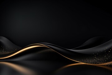 Abstract black background with a golden wave and glitter.