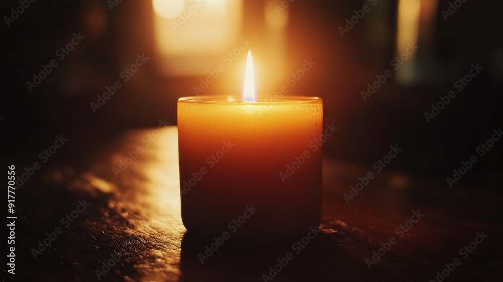 Poster a close-up of a single candle flame glowing softly in a dark room, with the flickering light casting
