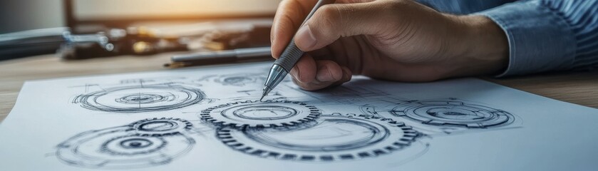 hand sketching mechanical gears on paper, showcasing creativity and engineering design.