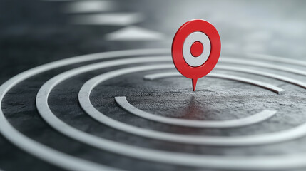 A red target pin is centered in the middle of concentric circles on a textured dark background, representing focus, precision, and goal-setting.