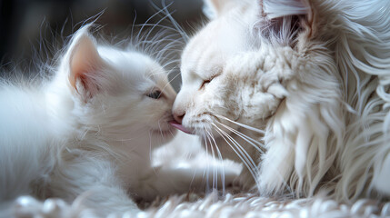 Obraz premium mother white cat licking her kitten