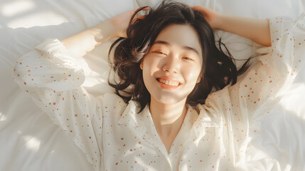 A joyful woman with dark hair smiles warmly while lying on a white bed, bathed in soft morning sunlight.