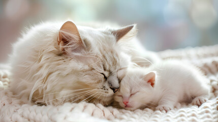 mother white cat licking her kitten
