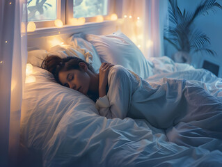 A serene woman sleeps peacefully in a cozy bed, surrounded by soft, ambient lighting and a calm nighttime atmosphere with a touch of warmth.