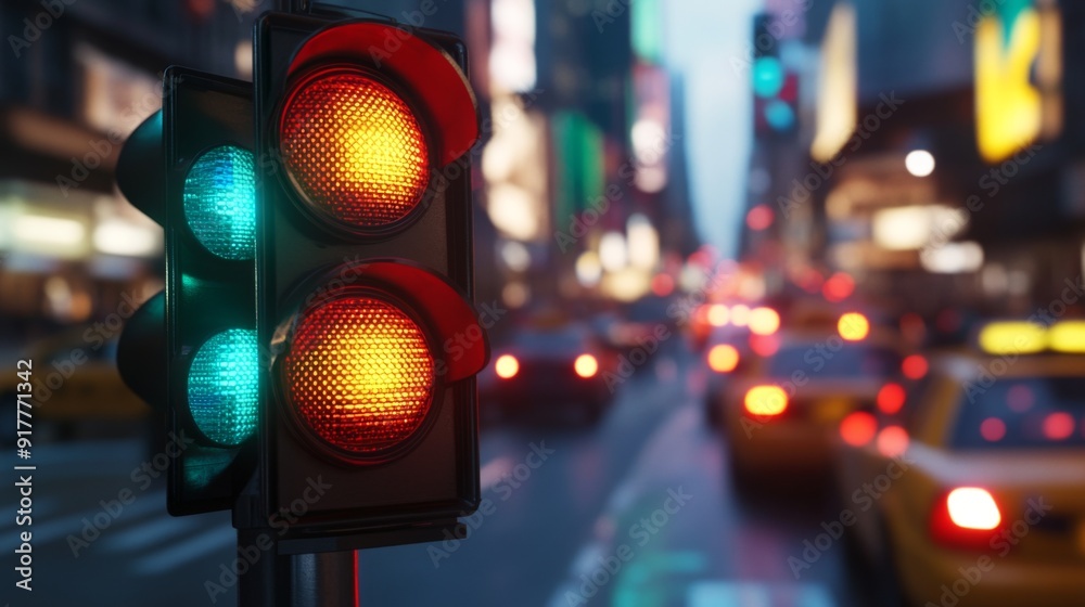 Poster A close-up of a traffic light changing from red to green, with cars waiting at the red light and the street scene in the background showing busy urban activity