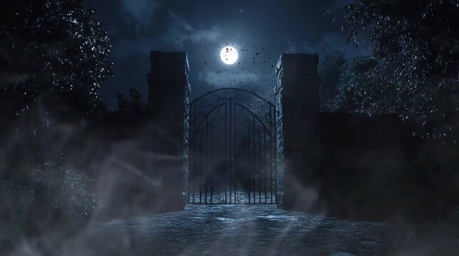 Misty night gate shrouded in fog, illuminated by the soft glow of a full moon in the dark sky.
 Seamless looping 4k time-lapse virtual video animation Generated AI