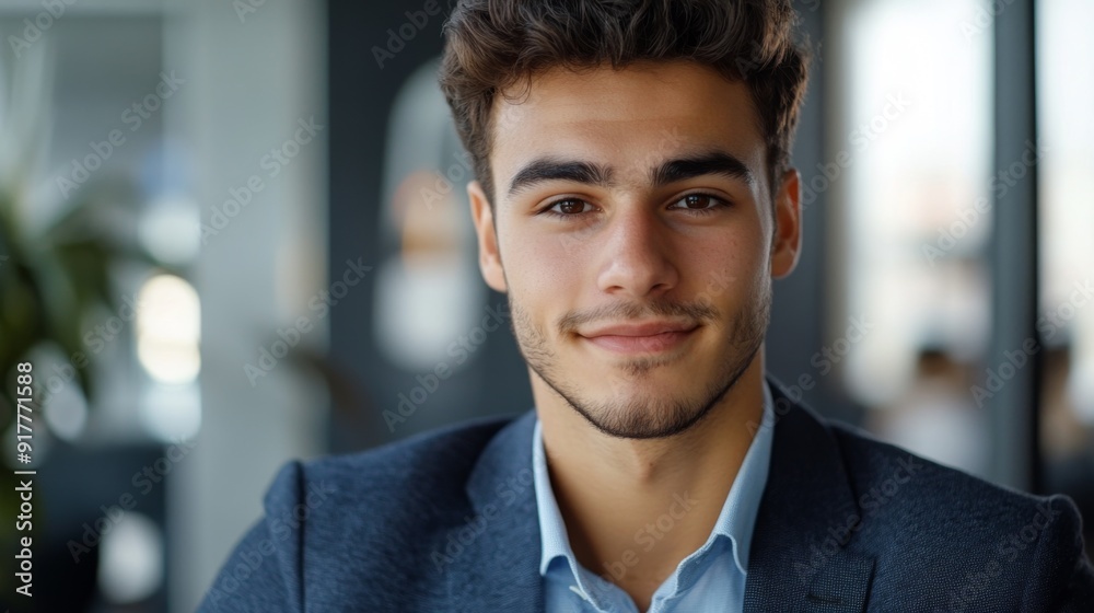 Poster a close-up of a young businessman on a video call, with a clear view of his engaging expression and 