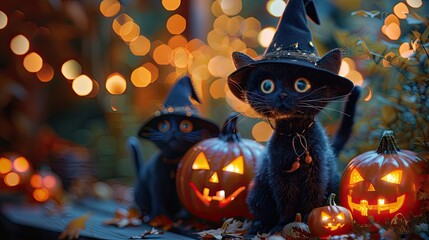 Naklejka premium A spooky Halloween garland made of black cats, witches' hats, and glowing jack-o'-lanterns