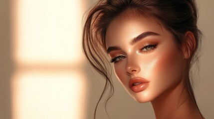 Fototapeta premium A close-up of an elegant woman with flawless makeup and a chic hairstyle, set against a stylish, minimalist background that emphasizes her classic beauty.