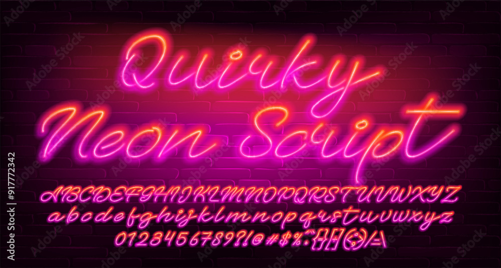 Poster Quirky Neon Script alphabet font. Bright neon script letters, numbers and symbols. Stock vector typescript for your design.