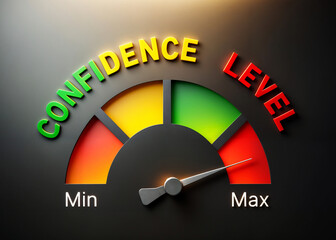 Colorful 3d gauge illustration rendering showing phrase word text confidence levels with minimum and maximum indicators