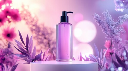 photo of a transparent cosmetic bottle with a black pump on a round podium, pink background