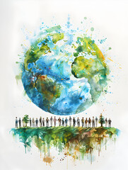 A group of people developing watercolor earth and sustainability plans on dreamy background ideal for seamless integration of creativity and environmental project planning.