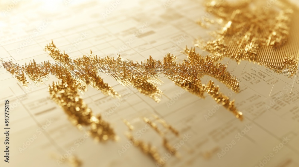 Poster a close-up view of a gold price chart with intricate details, including percentage changes and key m