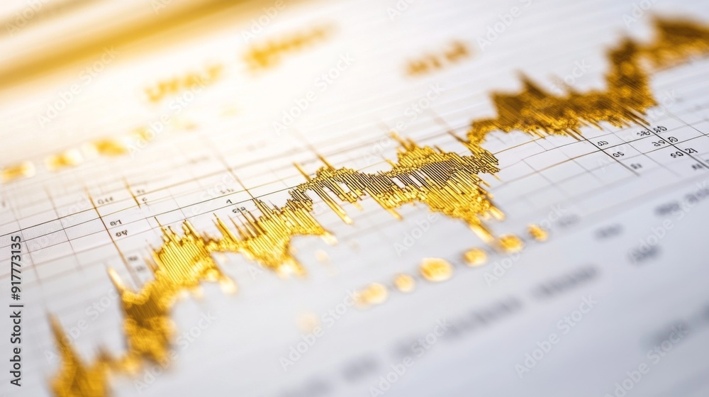 Poster a close-up view of a gold price chart with intricate details, including percentage changes and key m
