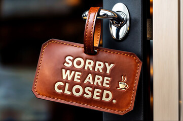 A brown leather key holder with a gold-colored metal lock  and the text word phrase "SORRY WE ARE CLOSED" is visible on a small tag attached to it