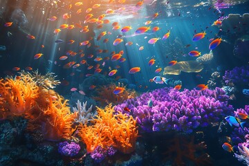 Fototapeta premium An underwater scene with vibrant coral reefs in shades of orange, purple, and blue, teeming with colorful fish. Sunlight filtering through the water, casting dappled shadows.