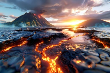 Lava Flowing into the Ocean at Sunset.