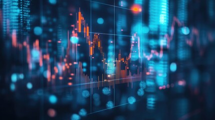 Obraz premium market graph with red and orange candles, double exposure of a cityscape blue background