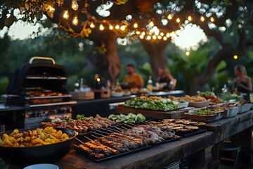 Naklejka premium Outdoor barbecue party with grilled food and illuminated ambiance at dusk.
