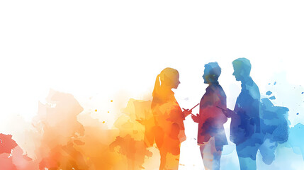 Group of People Developing Watercolor Financial Strategies with Laptops on Whimsical Background.
