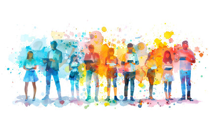 Naklejka premium 3D Flat Icon of People with Watercolor Financial Strategies and Laptops for Creative Business Planning on Whimsical Background Isolated White