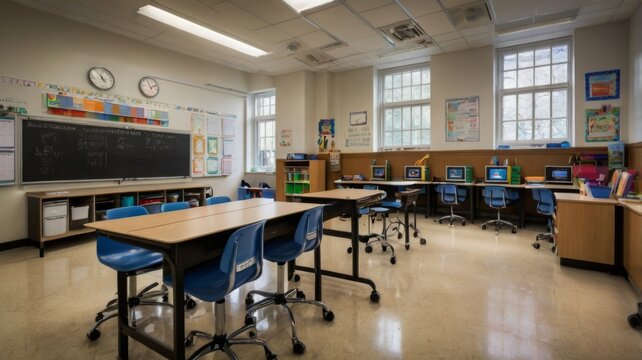 Interactive classroom setting with modern teaching tools and engaged students