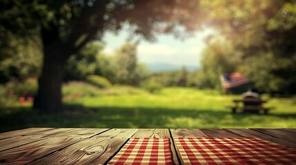 A picnic table with a red and white checkered cloth, blurred background of a BBQ grill and American flags, bright summer day, creating a festive 4th of July atmosphere, vibrant colors, soft focus,