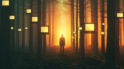 Silhouette of a person standing in a mystical forest illuminated by glowing lanterns, creating a surreal and dreamlike atmosphere.