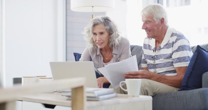 Senior couple, laptop and bills in home for budget, financial assets and planning pension investment. Happy man, woman and computer for banking, savings and retirement portfolio for insurance policy
