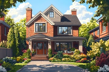 Fototapeta premium Beautiful family home with a landscaped garden in bright sunlight.