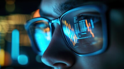 Close-up of a young man wearing glasses looking at a stock market chart on a computer screen, a close up photo with reflection in his eyeglasses