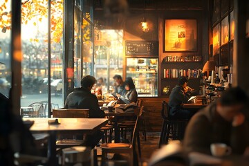 Cozy cafe ambiance with diverse patrons enjoying their drinks and reading in soft sunlight. - Powered by Adobe