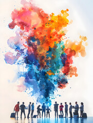 People with Watercolor Technology Interfaces and Laptops   A Seamless Fusion of Art and Digital Tools for Business Technology