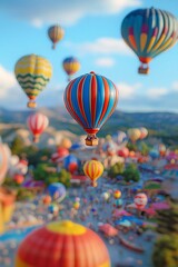 Fototapeta premium A colorful hot air balloon festival with miniature balloons floating in the sky, enhanced by the tilt-shift effect. 