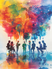 A group of people engaging with watercolor technology on laptops with a dreamy background   3D flat icon concept