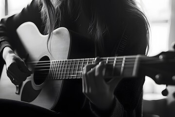 Fototapeta premium Female musician passionately playing acoustic guitar indoors.