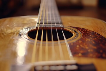 Fototapeta premium Close-up of a wooden acoustic guitar with intricate detailing.