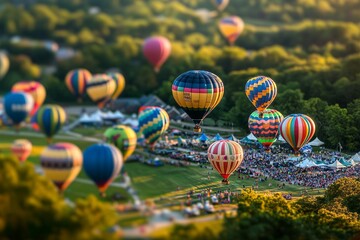 Fototapeta premium A colorful hot air balloon festival with miniature balloons floating in the sky, enhanced by the tilt-shift effect. 