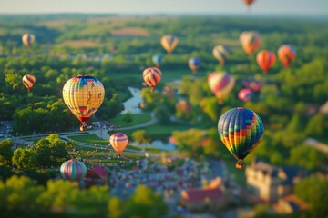 Obraz premium A colorful hot air balloon festival with miniature balloons floating in the sky, enhanced by the tilt-shift effect. 