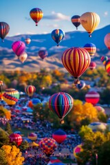 Obraz premium A colorful hot air balloon festival with miniature balloons floating in the sky, enhanced by the tilt-shift effect. 