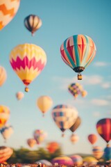 A colorful hot air balloon festival with miniature balloons floating in the sky, enhanced by the tilt-shift effect. 