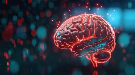 A glowing human brain with neural connections highlighted, set against a blurred background. Represents intelligence, neuroscience, and technology.