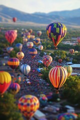 Fototapeta premium A colorful hot air balloon festival with miniature balloons floating in the sky, enhanced by the tilt-shift effect. 