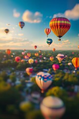 A colorful hot air balloon festival with miniature balloons floating in the sky, enhanced by the tilt-shift effect. 